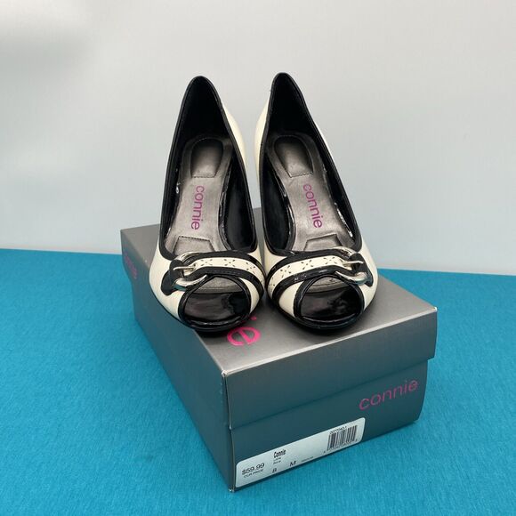 Connie, Black and Whiteb 2 1/2" Open Toe Silver Buckle, Women Size 8 - Picture 1 of 13